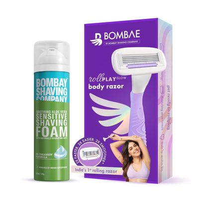Bombae Rollplay Body Razor for Women & Shaving Foam for Women | Aloe vera and Vitamin E for 2X Smoother Skin | Arms, Legs, Underarms, Bikini