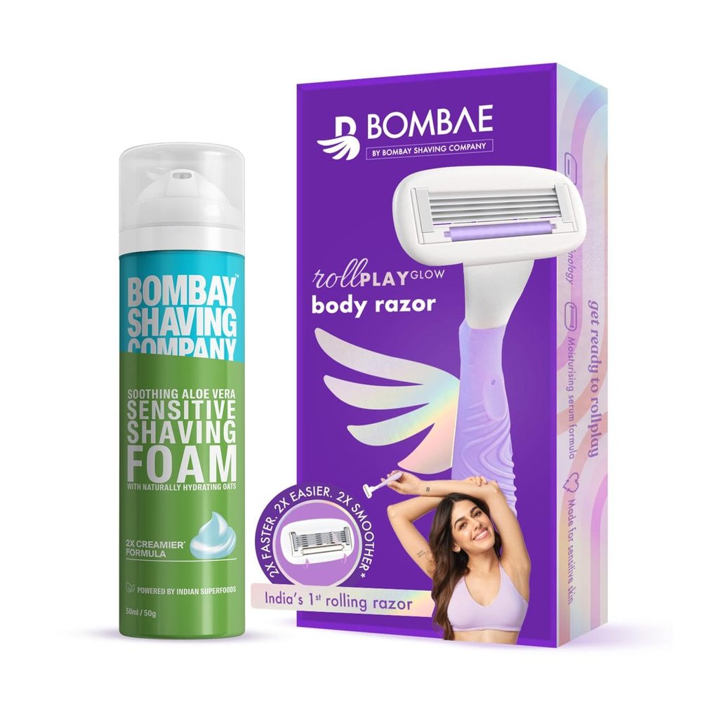 Bombae Rollplay Body Razor for Women & Shaving Foam for Women | Aloe vera and Vitamin E for 2X Smoother Skin | Arms, Legs, Underarms, Bikini
