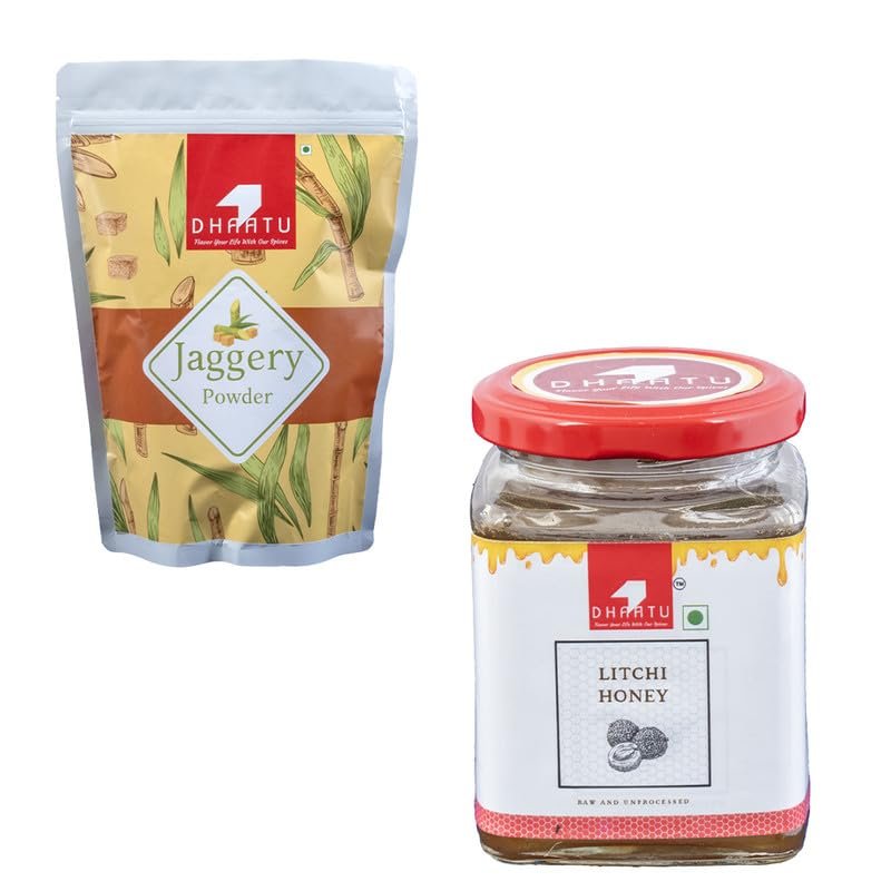 DHAATU Pure & Natural Jaggery Powder 1 KG and Litchi Honey | Raw, Unprocessed, Unfiltered | Rich in Antioxidants & Nutrients | No Added Sugar or Preservatives | 300 G