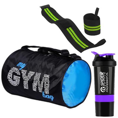 Combo Set of Gym Bag with Wrist Support Band and Shaker Bottle for Men & Women Shaker for Protein Shaker Bottle Wrist Wrap Support Weightlifting 700ML Shaker 100% Leak Proof (Purple)