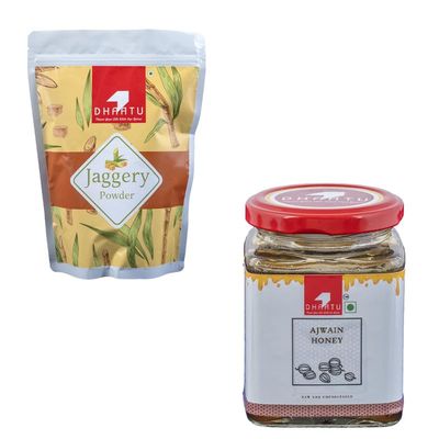 DHAATU Pure & Natural Jaggery Powder 1 KG and Ajwain Honey | Raw, Unprocessed, Unfiltered | Rich in Antioxidants & Nutrients | No Added Sugar or Preservatives | 300 G