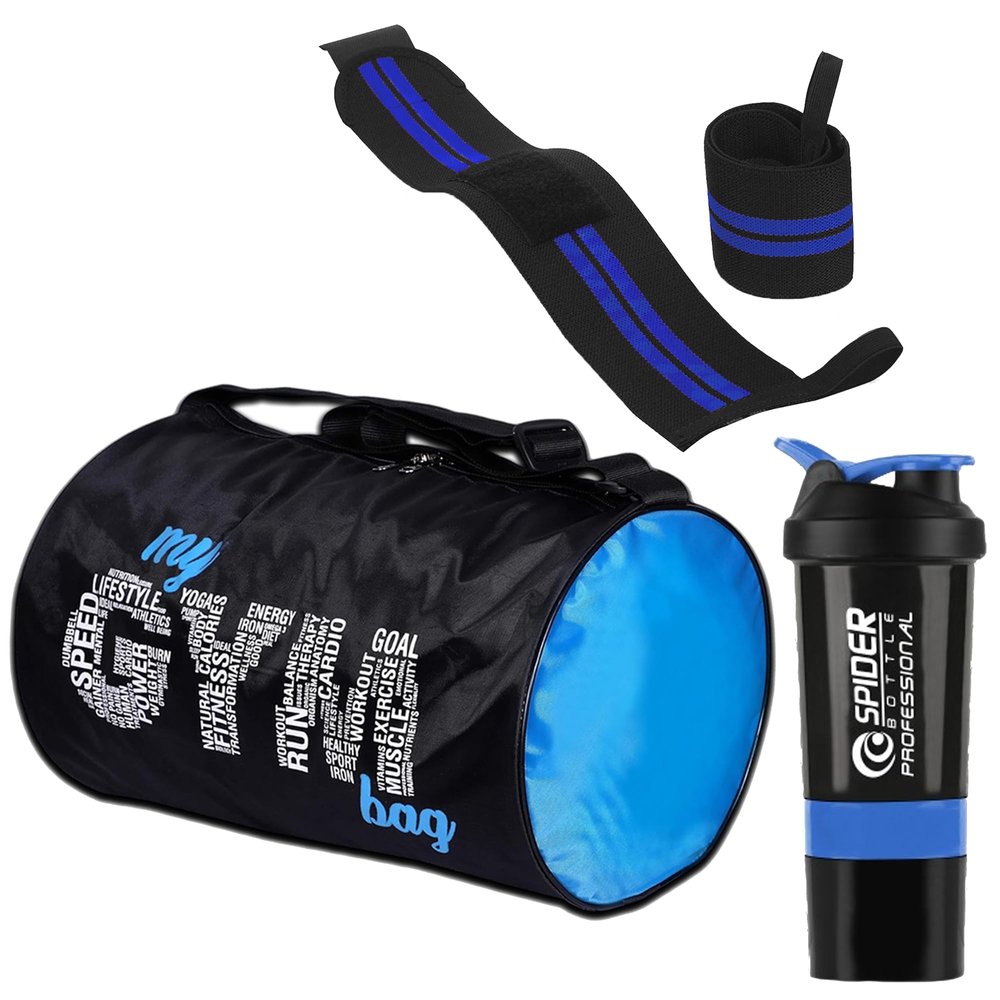 Combo Set of Gym Bag with Wrist Support Band and Shaker Bottle for Men & Women Shaker for Protein Shaker Bottle Wrist Wrap Support Weightlifting 700ML Shaker 100% Leak Proof (Blue)