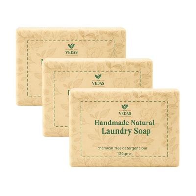 FROMVEDAS Natural Washing Laundry Soap Bar | Tough on Cuffs & Collars Stain Removal | Baby-Safe, Chemical-Free, Eco-Friendly, Biodegradable Coconut Oil - 120gm x (Pack of 3)