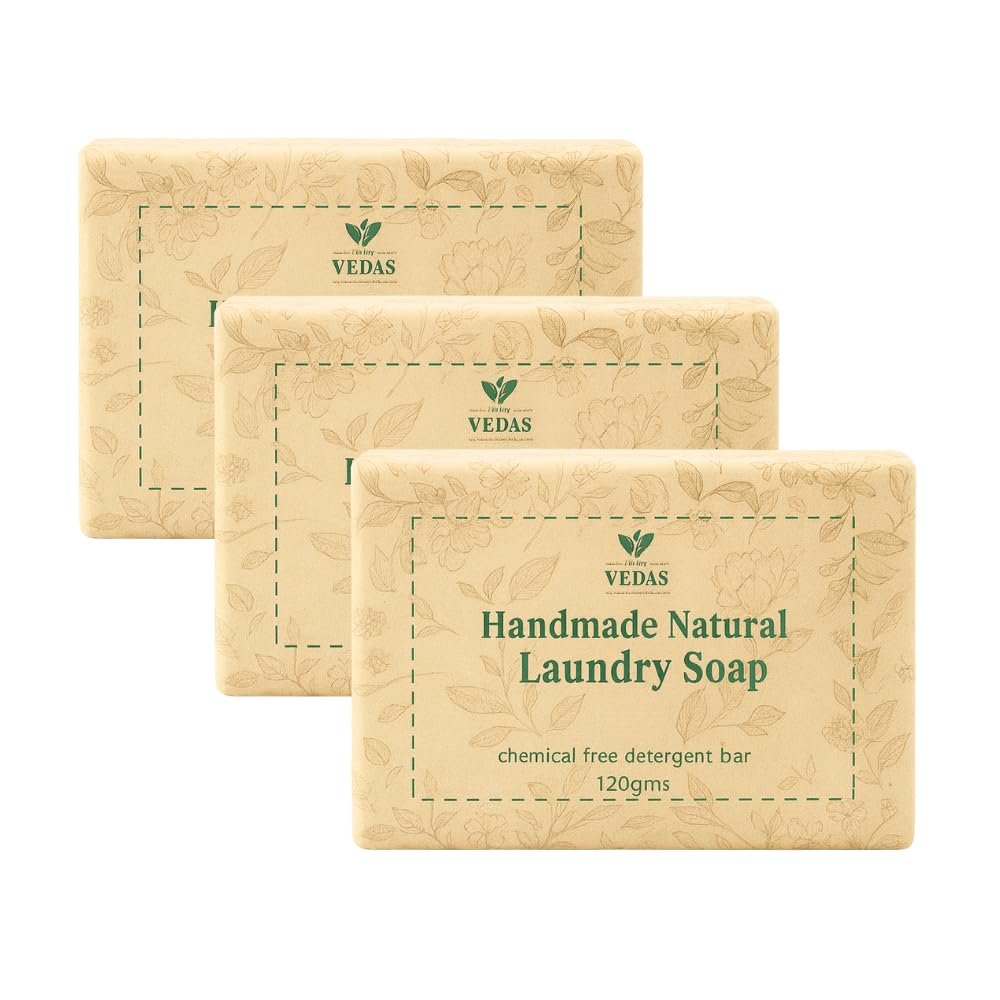 FROMVEDAS Natural Washing Laundry Soap Bar | Tough on Cuffs & Collars Stain Removal | Baby-Safe, Chemical-Free, Eco-Friendly, Biodegradable Coconut Oil - 120gm x (Pack of 3)