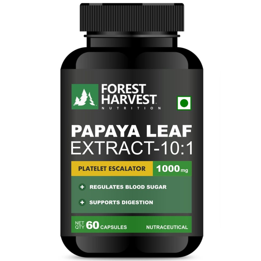 Forest Harvest Papaya Leaf 10:1 Extract with Giloy, Amla, Vitamin B12 Capsules | 10X Strength | 1000 mg Per Serving | 60 Capsules | Immunity, Platelet & Digestion Support