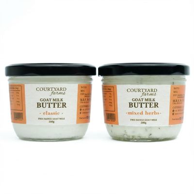 Courtyard Farms - Goat Milk Butter Pack of 2 (Classic 200g + Mixed Herbs 200g) | Traditional Hand-Churned | Free-Range Goat Milk | Rich, Creamy & Flavorful | Glass Jar Packaging