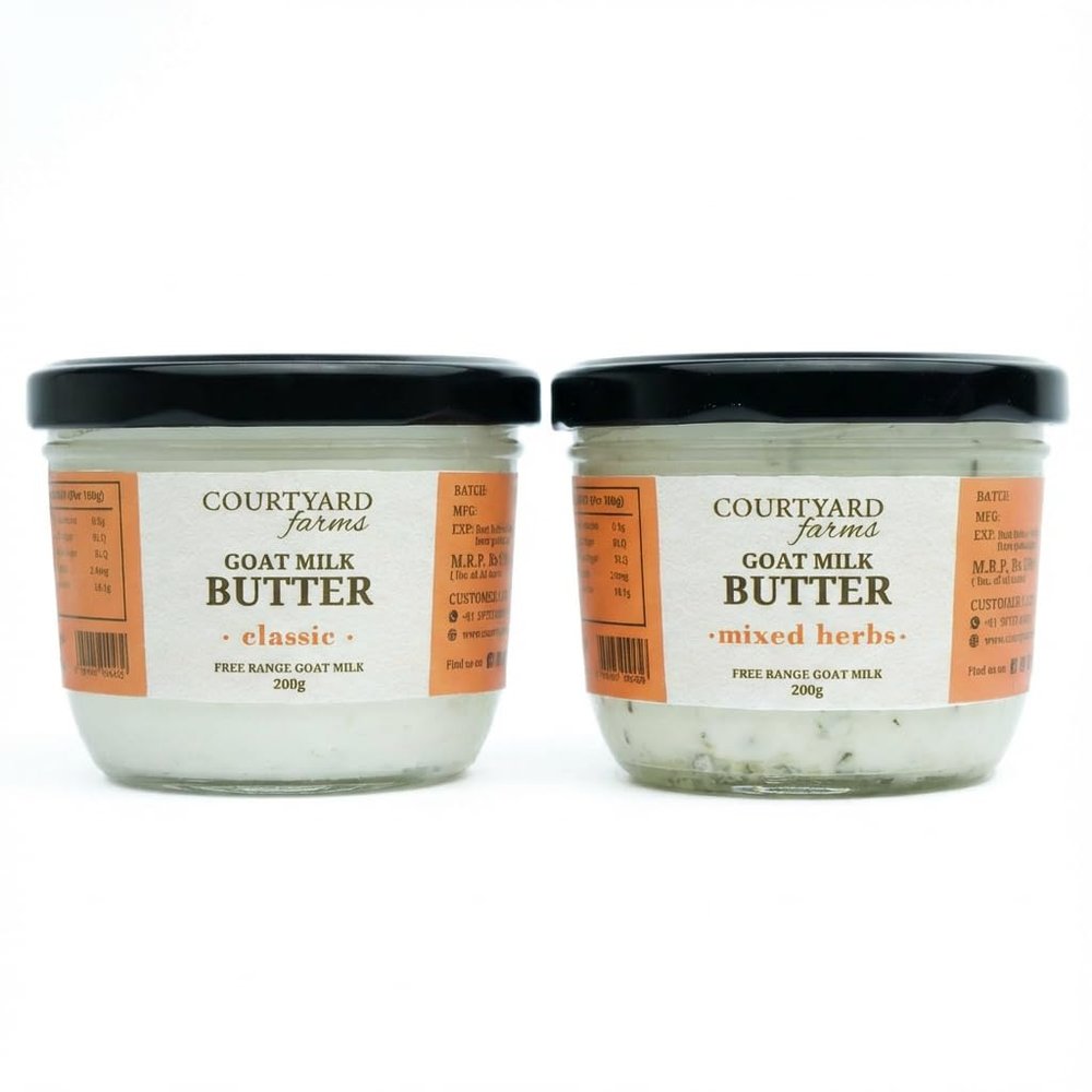 Courtyard Farms - Goat Milk Butter Pack of 2 (Classic 200g + Mixed Herbs 200g) | Traditional Hand-Churned | Free-Range Goat Milk | Rich, Creamy & Flavorful | Glass Jar Packaging