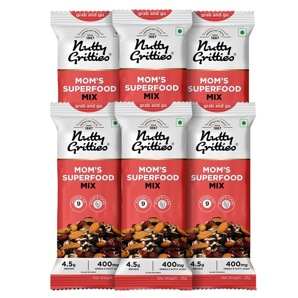 Nutty Gritties Mom's Superfood Mix 168g | Mixed Nuts & Dry Fruits | Healthy Snack | Zero Oil | Rich in Protein & Fiber | Each Pouch 28g (Pack of 6)