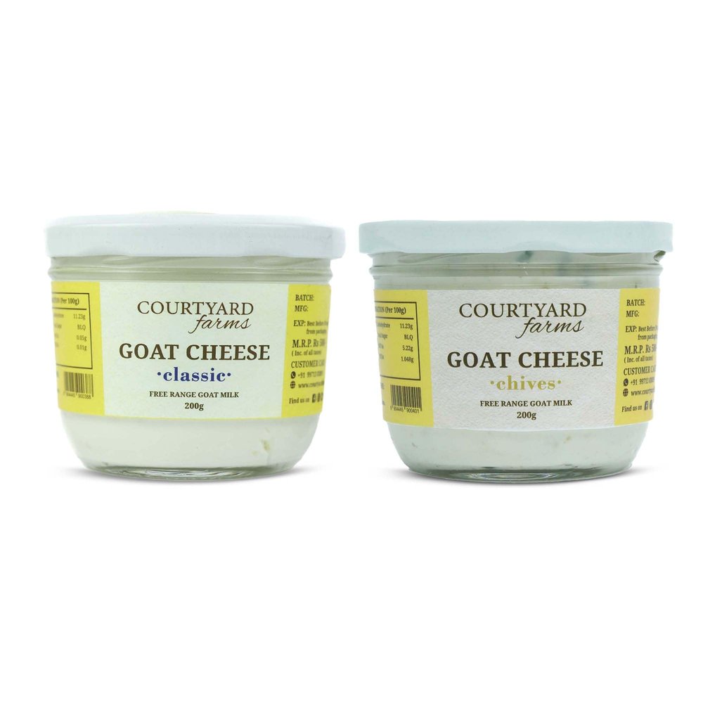 Courtyard Farms Goat Milk Cheese Pack of 2 | Classic & Chives (200g Each) | 100% Preservative & GMO-Free | Made Aravalli Grazed Free-Range Goat Milk | Glass Jar Packaging
