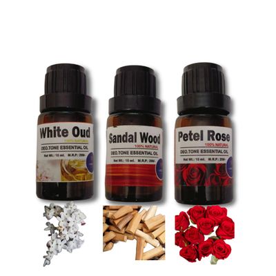 100% Natural Essential Oil Set, Oud, Sandal Wood, Petel Rose, 10ml Each, Pack of 3 Pcs