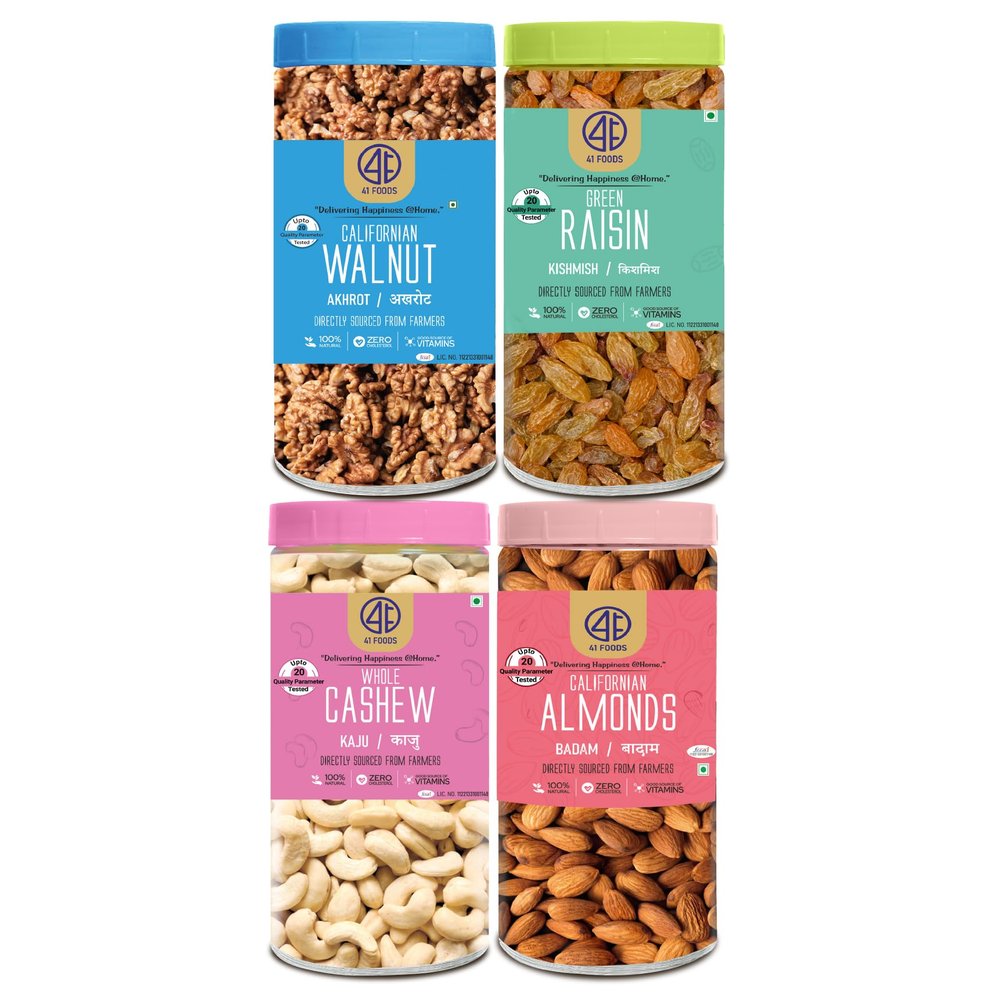 41 Foods Premium Dry Fruits Combo of Almonds Cashews Raisins and Walnuts | 800 g (200g x 4)