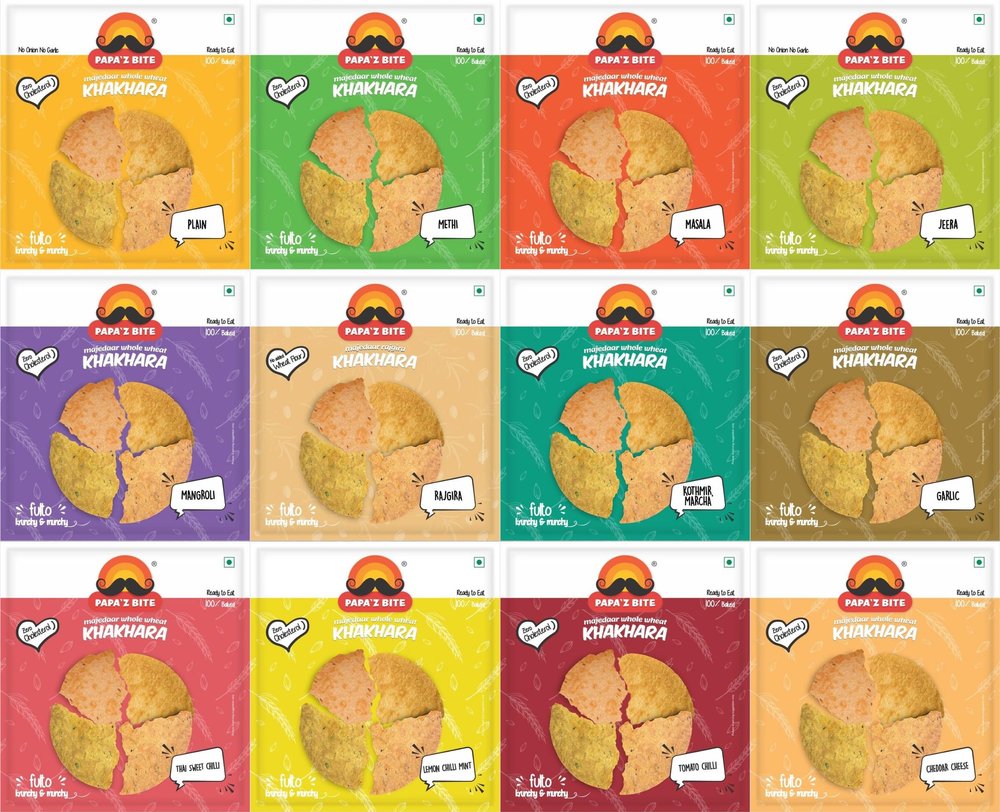 Papaz Bite Ready to Eat Gujarati Khakhra Jumbo Pack, Jeera, Methi, Masala, Plain, Mangroli, Garlic, Rajgira, Kothmir Marcha, Tomato, Cheese, Lemon Chilli & Thai Sweet Flavour, Pack of 12, 180g Each