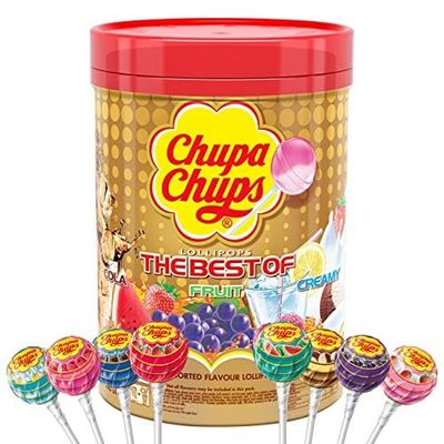 Chupa Chup The Best Of 100 Lollipops, Assorted Fruit and Cream Flavours, With Display Jar Each Individually Wrapped 1.2kg (From USA)
