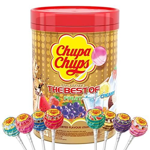 Chupa Chup The Best Of 100 Lollipops, Assorted Fruit and Cream Flavours, With Display Jar Each Individually Wrapped 1.2kg (From USA)