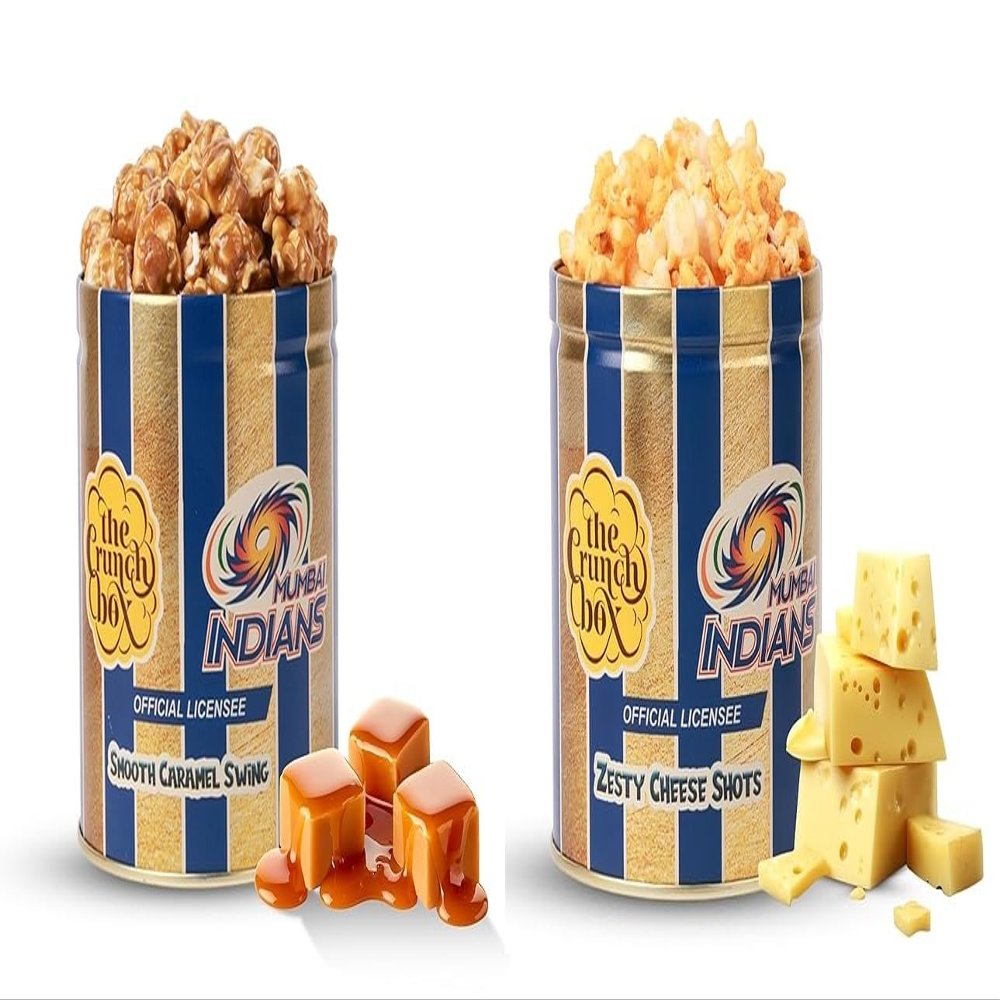 The Crunch Box presents Sports Edition Mumbai Indians Gourmet Popcorn Combo | Irresistible Smooth Caramel Swing Tin(490gms) | Tangy Zesty Cheese Shots Tin(150gms) |