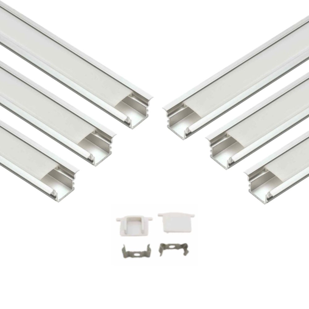 Abaj Lighting (16X12mm) LED Strip Lights 1Meter Aluminium Rectangular Conciled Profile Light Channels with Diffused Cover, End Caps and Mounting Clips Without LED Straight Linear - Pack of 6