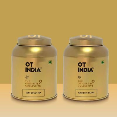 OT INDIA Tea Set, Mint Green Tea and Turmeric Tisane, 30g Each, Makes 40+ Cups, Reusable Tin Container, Caffeine and Gluten Free | Pack of 2