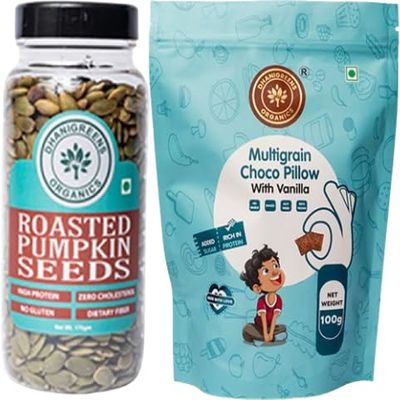 Dhanigreens Organics Combo Pack (Pumpkin Seeds 240g + Sweet Multigrain Choco Pillow with Vanilla 100g)| Natural Ingredients Snacks | Gluten & Cholesterol Free, Lightly Seasoned