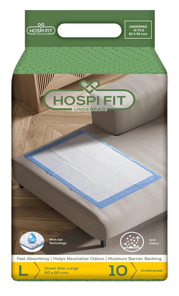 Hospifit Underpads Large (60 x 90 cm) | Pack of 1 | 10 Counts | Fast Absorbing with Gel Technology | Anti-Odour | 5 Layers of Protection