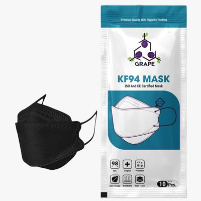 GRAPE KF94 Mask Superior 4-Layer Protection, Perfect 3D Fit & Effortless Breathability for Everyday Safety! (BLACK, 10 PCS)
