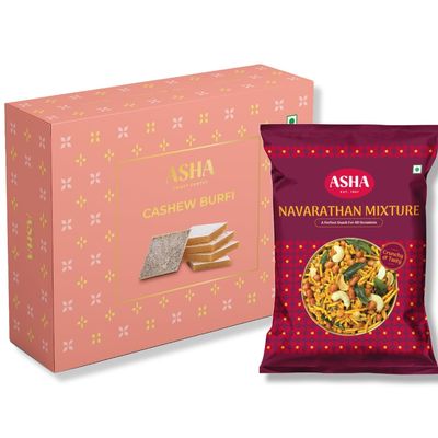 ASHA SWEETS Premium Handcrafted Kaju Katli 250gm and Navrathana Mixture 500gm|Authentic Indian Cashew Barfi With Tea Time Snack| Exclusive Sweets Namkeen Gift Box For Any Occasion and Celebration |Delicious & Healthy Combo