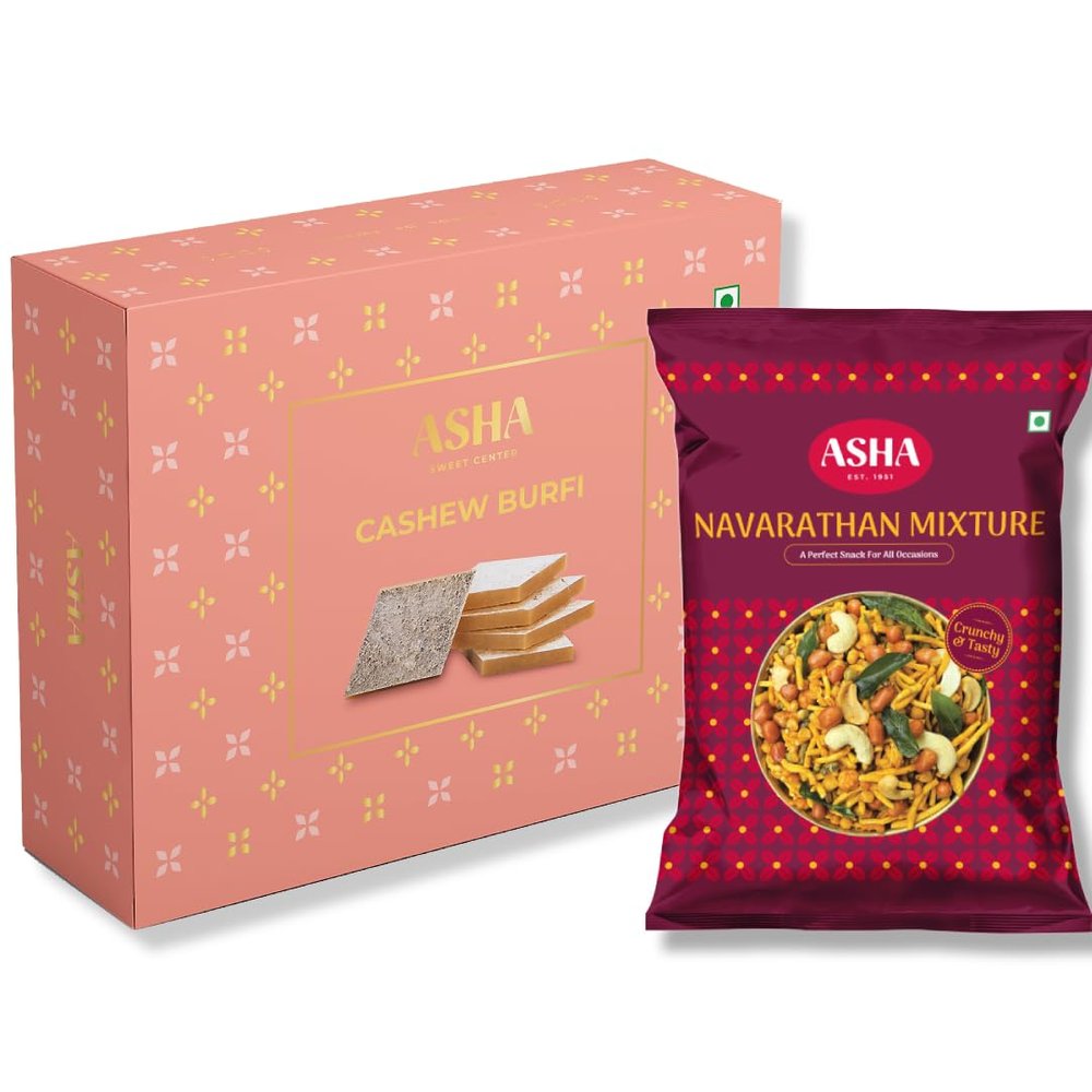 ASHA SWEETS Premium Handcrafted Kaju Katli 250gm and Navrathana Mixture 500gm|Authentic Indian Cashew Barfi With Tea Time Snack| Exclusive Sweets Namkeen Gift Box For Any Occasion and Celebration |Delicious & Healthy Combo