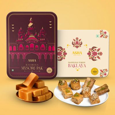 ASHA SWEETS Baklava (430gm) and Mysore Pak Sweets (500gm) in Premium Tin Box for Gifting to Family and Friends | Sweet Perfect For Gifting And Snacking | Turkish Delight Made With Fresh Ingredients and Pure Ghee