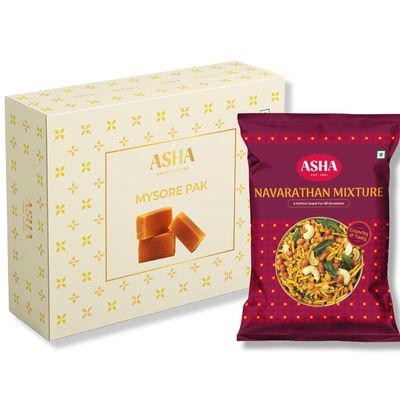 ASHA SWEETS Handcrafted Mysore Pak (250g) Navrathana Mixture 250gm | Special Indian Mithai With Tea Time Snack| Delicious & Healthy Exclusive Sweets & Namkeen Gift Box | Traditional Taste of Mysuru | Mysore_Pak_250_Fba