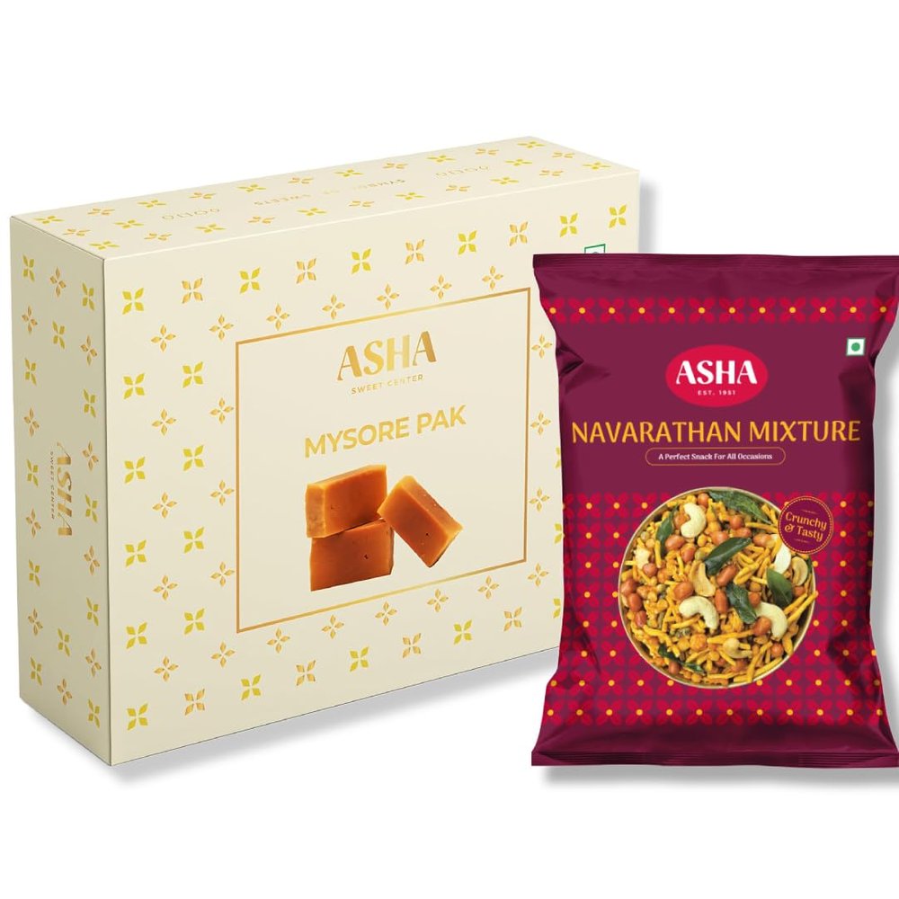 ASHA SWEETS Handcrafted Mysore Pak (250g) Navrathana Mixture 250gm | Special Indian Mithai With Tea Time Snack| Delicious & Healthy Exclusive Sweets & Namkeen Gift Box | Traditional Taste of Mysuru | Mysore_Pak_250_Fba