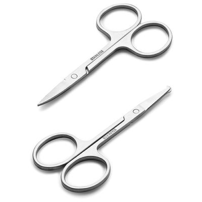 Diversa Facial Hair Small Grooming Scissors For Men Women - Eyebrow, Nose, Mustache, Beard, Eyelashes, Ear Trimming Kit - Curved and Rounded Safety Tip Clippers For Hair Cutting - 2PCS Silver