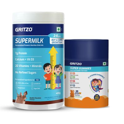 Gritzo SuperMilk Growth+ (Formerly Height+) (2-6y Boy & Girl) (Double Chocolate, 400g) with Super Gummies (Natural Orange Flavour, 30 Gummies) | Pack of 2