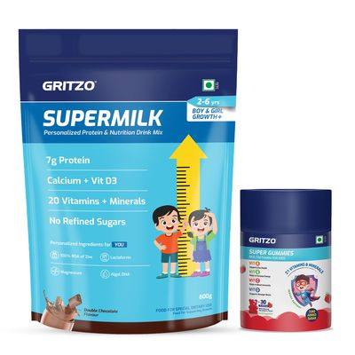 Gritzo SuperMilk Growth+ (Formerly Height+) (2-6y Boy & Girl) (Double Chocolate, 800g) with Super Gummies (Natural Orange Flavour, 30 Gummies) | Pack of 2