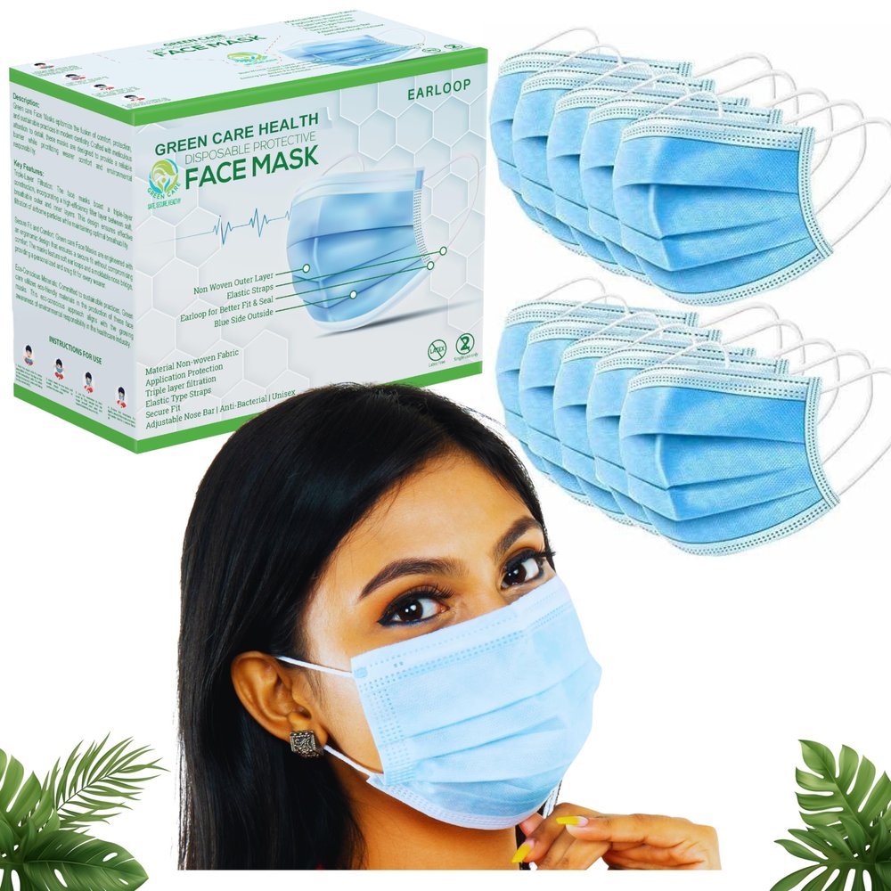GREEN CARE HEALTH 3-Ply 100 Disposable Face Mask (Pack of 100 Pcs) with Reusable Travel Pouch Surgical, Non-Woven, Medical, Breathable, Nose Clip, Blue, Unisex, for Daily Use
