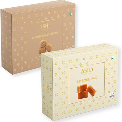 ASHA SWEETS Premium Gifting Combo of Handcrafted Mysore Pak (250g) & Dharwad Peda (200g) | Special Indian Mithai Fior FRiends and Family| Delicious & Healthy Exclusive Sweets Gift Box | Traditional Taste of Mysuru