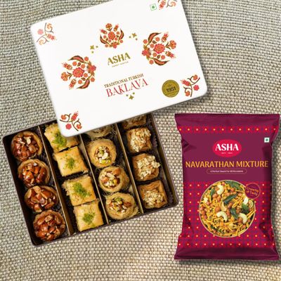 ASHA SWEETS Combo Gifting Pack of Baklava Assorted Sweets 430g with Navrathana Mixture 250gm | Premium Sweet Perfect For Gifting And Snacking | Turkish Delight Made With Fresh Ingredients With Tea Time