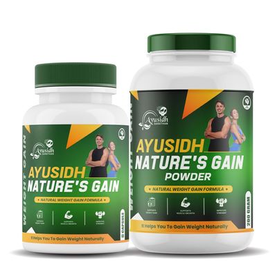 AYUSIDH SANSTHAN Nature's Gain - Combo of Natural Weight Gain Formula Capsules & Powder with 11 Herbs, 100% Organic Ayurvedic Supplement for Muscle Growth and Strength for men women