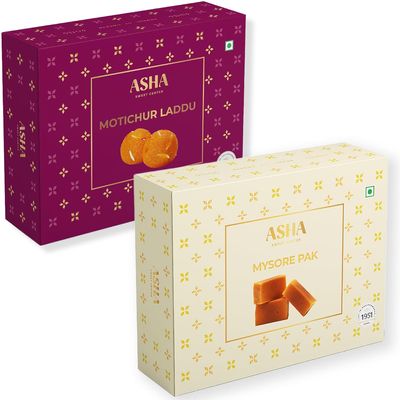 ASHA SWEETS Premium Combo of Handcrafted Mysore Pak (250g) & Motichoor Laddu (250g) | Special Indian Mithai | Delicious & Healthy Exclusive Sweets Gift Box | Share Traditional Taste of Mysuru to your Friends and Family