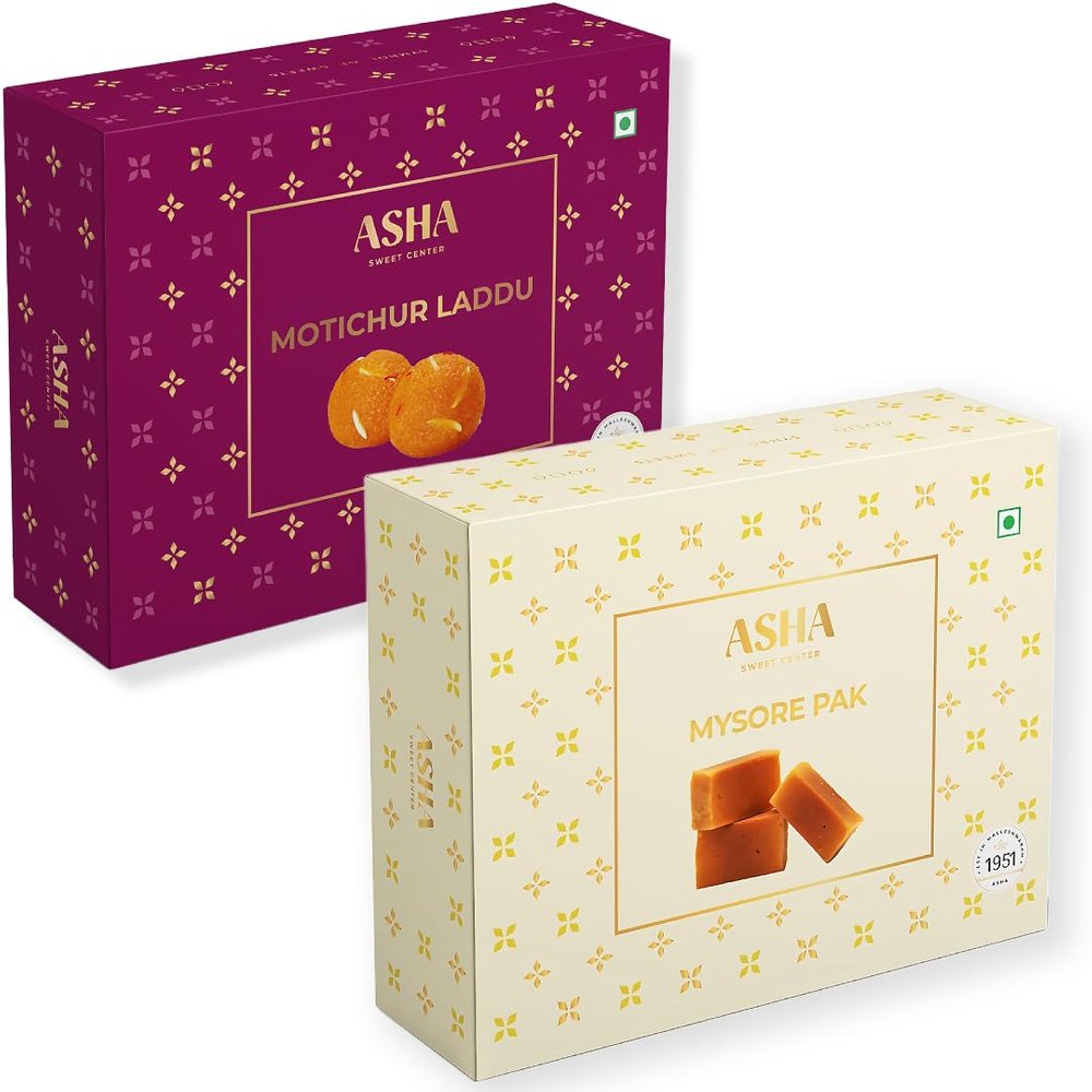 ASHA SWEETS Premium Combo of Handcrafted Mysore Pak (250g) & Motichoor Laddu (250g) | Special Indian Mithai | Delicious & Healthy Exclusive Sweets Gift Box | Share Traditional Taste of Mysuru to your Friends and Family