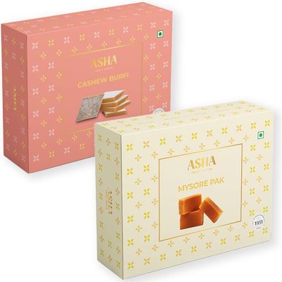 ASHA SWEETS Gifting Combo of Handcrafted Mysore Pak (250g) & Kaju Katli (250g) | Special Indian Mithai | Delicious & Healthy Exclusive Sweets Gift Box for Friends & Family| Traditional Taste of Mysuru