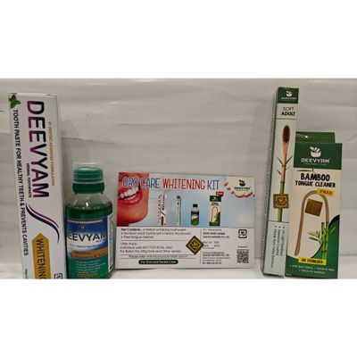 Deevyam Oral Care Whitening Kit with Herbal Toothpaste I Chemical Free I Herbal Mouthwash I Bamboo Adult Toothbrush I Free Bamboo Tongue Cleaner I LDPE Pouch I Pack of 4 Combo