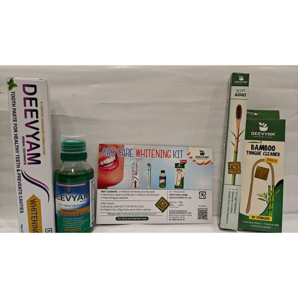 Deevyam Oral Care Whitening Kit with Herbal Toothpaste I Chemical Free I Herbal Mouthwash I Bamboo Adult Toothbrush I Free Bamboo Tongue Cleaner I LDPE Pouch I Pack of 4 Combo