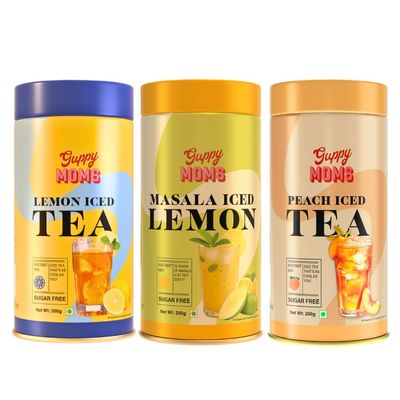 Guppy Moms Sugar-Free Iced Tea & Lemonade Combo | Peach & Lemon Iced Tea + Masala Iced Lemonade | Low-Calorie Natural Drink & Premium Cocktail Mixer | Instant Refreshing Beverage | 200g x 3 (600g Total)