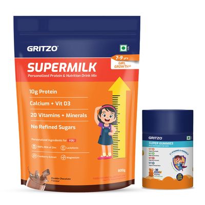 Gritzo SuperMilk Growth+ (Formerly Height+) (7-9y Girls) (Double Chocolate, 800g) with Super Gummies (Natural Orange Flavour, 30 Gummies) | Pack of 2