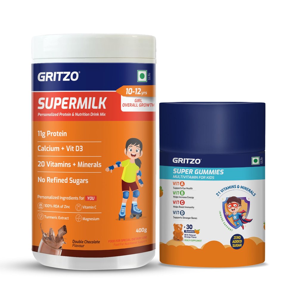 Gritzo SuperMilk Overall Growth (10-12y Girls) (Double Chocolate, 400g) with Super Gummies (Natural Orange Flavour, 30 Gummies) | Pack of 2