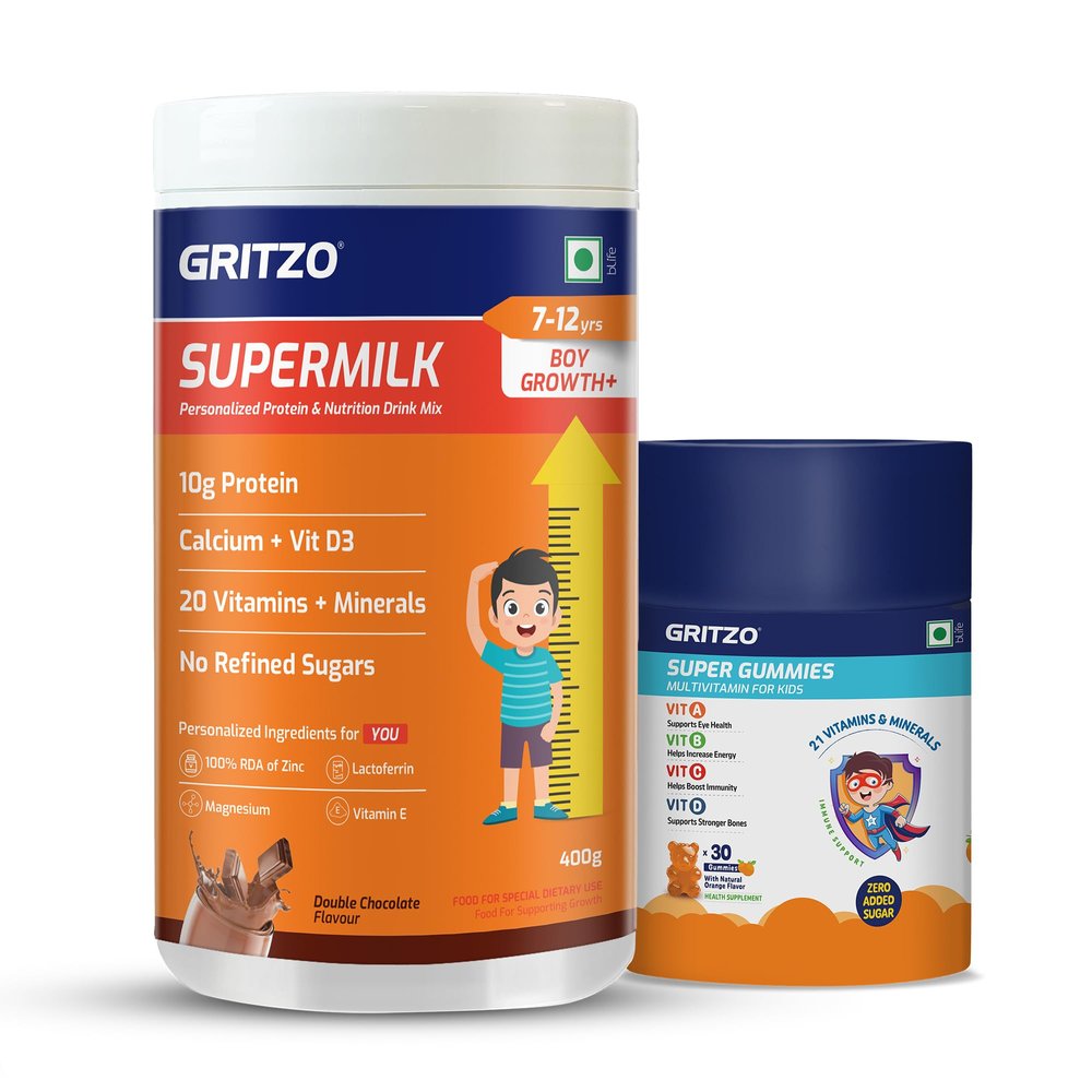 Gritzo SuperMilk Growth+ (Formerly Height+) (7-12y Boys), 10g Protein (Double Chocolate, 400g) with Super Gummies (Natural Orange Flavour, 30 Gummies)