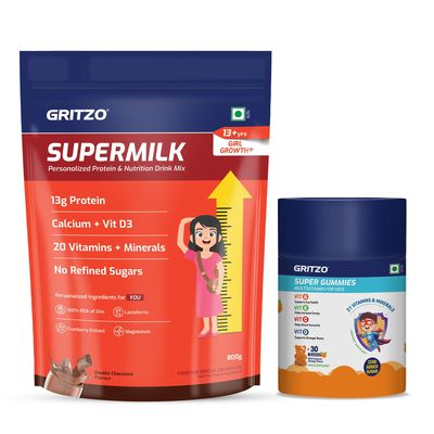 Gritzo SuperMilk Growth+ (Formerly Height+) (13+y Girls), (Double Chocolate, 800g) with Super Gummies (Natural Orange Flavour, 30 Gummies) | Pack of 2