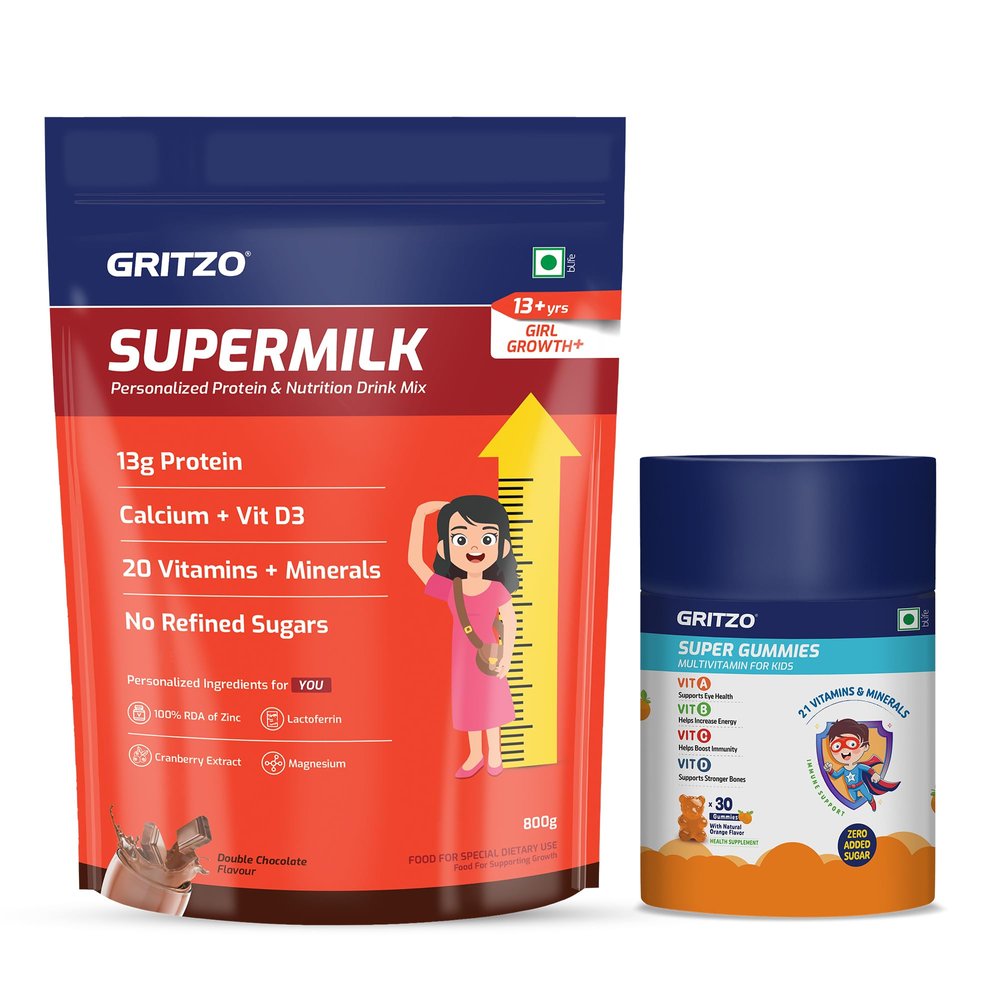 Gritzo SuperMilk Growth+ (Formerly Height+) (13+y Girls), (Double Chocolate, 800g) with Super Gummies (Natural Orange Flavour, 30 Gummies) | Pack of 2