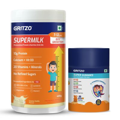 Gritzo SuperMilk Growth+ (Formerly Height+) (7-12y Boys) (Creamy Vanilla, 400g) with Super Gummies (Natural Orange Flavour, 30 Gummies) | Pack of 2