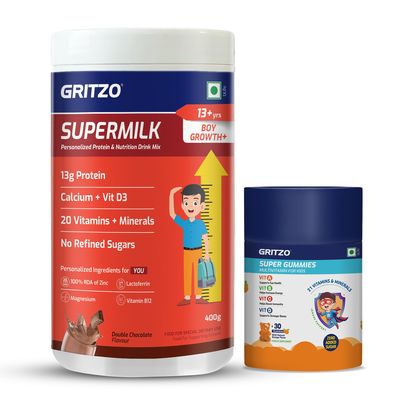 Gritzo SuperMilk Growth+ (Formerly Height+) (13+y Boys) (Double Chocolate, 400g) with Super Gummies (Natural Orange Flavour, 30 Gummies) | Pack of 2 | Zero Refined Sugar, 20 Vitamins & Minerals