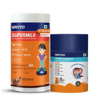 Gritzo SuperMilk Weight+ (7-12y) (Double Chocolate, 400g) with Super Gummies (Natural Orange Flavour, 30 Gummies) | Pack of 2
